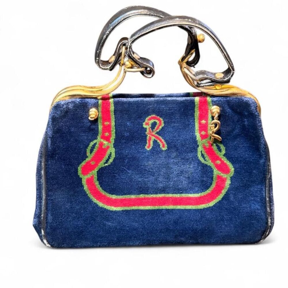 Vintage Roberta di Camerino Navy Velvet Trompe L’Oeil Handbag Kiss Lock